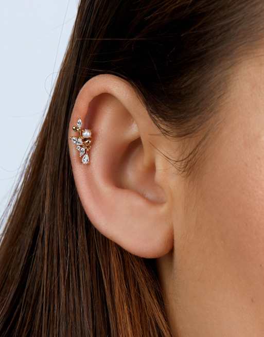 Pendiente labret chapado en oro con charm de circonita y perla de With Bling