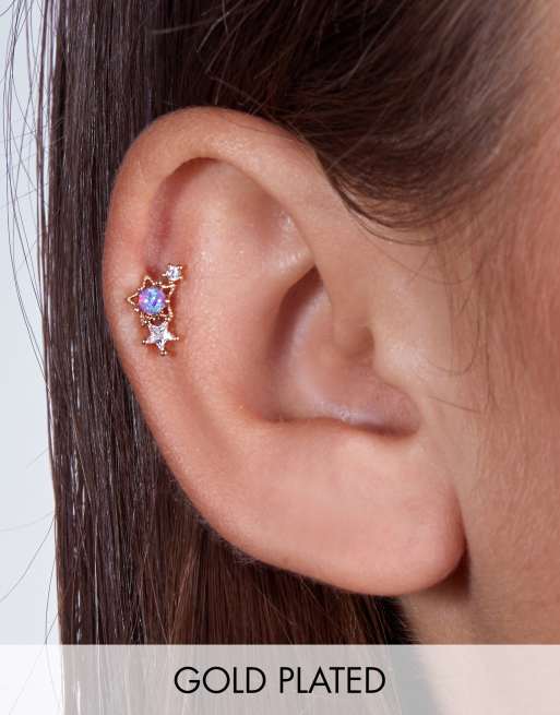 Pendiente labret estilo trepador chapado en oro con diseño de estrellas de ópalo morado y barras de 6 mm y 8 mm de titanio de With Bling