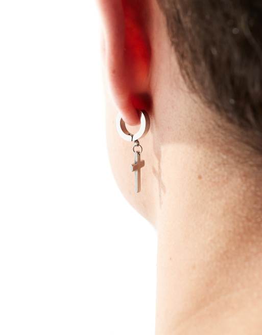 Pendientes de aro con charm de cruz de acero inoxidable de Icon Brand, 3 de 3