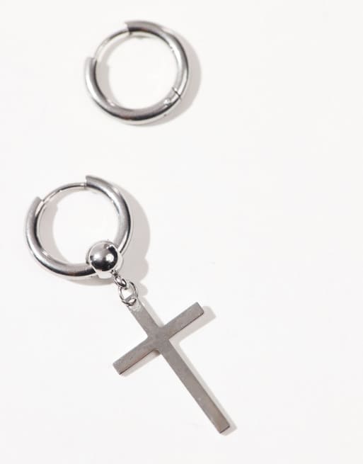 Pendientes de aro pequeños con colgante de cruz de acero inoxidable Lost Souls, 2 de 3