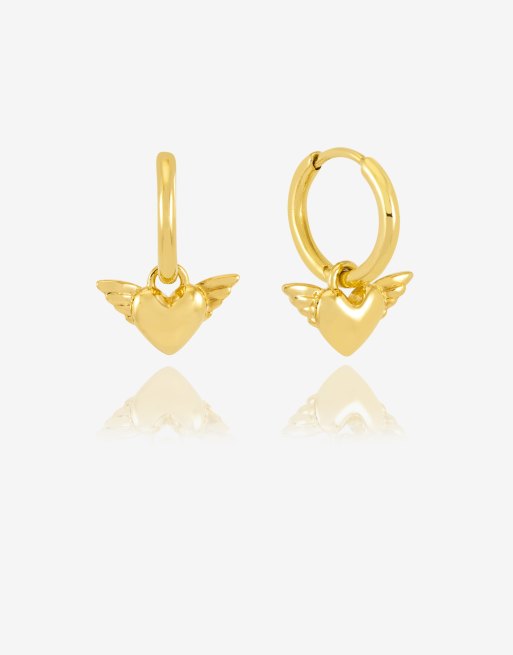 Pendientes de aro pequeños dorados con charm de corazón con alas de ángel chapados en oro de 22 quilates con caja de regalo de Rachel Jackson