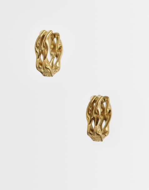 Pendientes de aro pequeños dorados con diseño de dos hileras retorcido de acero inoxidable resistente al agua de ASOS DESIGN - view 1