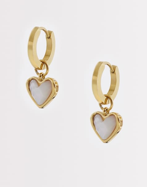 Pendientes de aro pequeños dorados de acero inoxidable chapado en 18 quilates con diseño de corazón y cuarzo blanco de Abbott Lyon - view 1