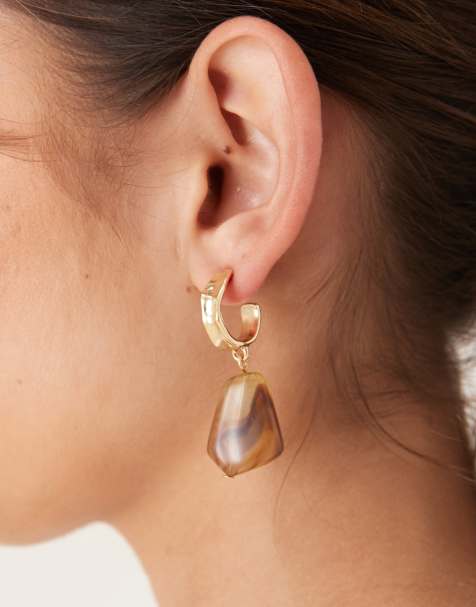 Pendientes de aro pequeños gruesos dorados con piedra ámbar de DesignB London - view 1