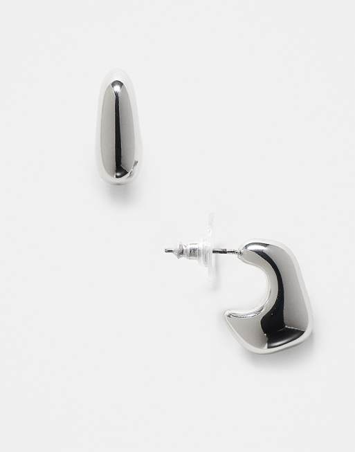 Pendientes de aro plateados unisex con diseño efecto fundido de Reclaimed Vintage
