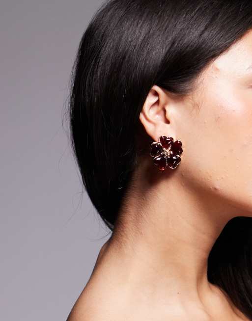 Pendientes de botón burdeos con diseño de flor de acrílico de 8 Other Reasons