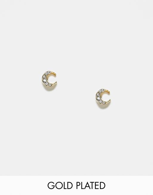 Pendientes de botón chapados en oro con diseño de media luna con cristales de Kingsley Ryan
