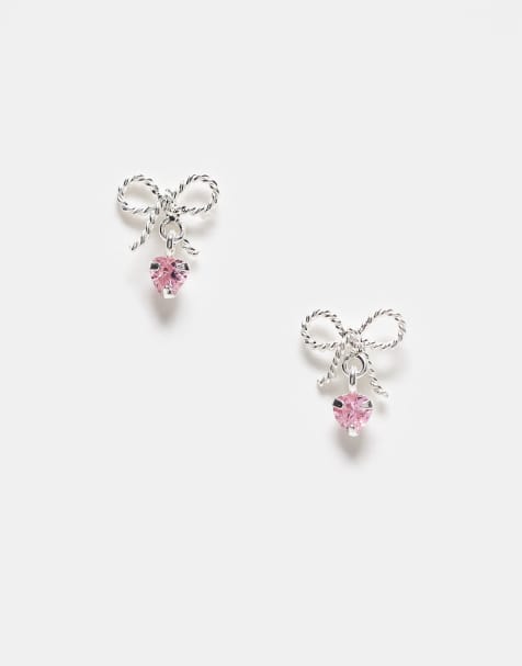 Pendientes de botón con circonitas rosas y diseño de lazos de plata de ley de Kingsley Ryan - view 1