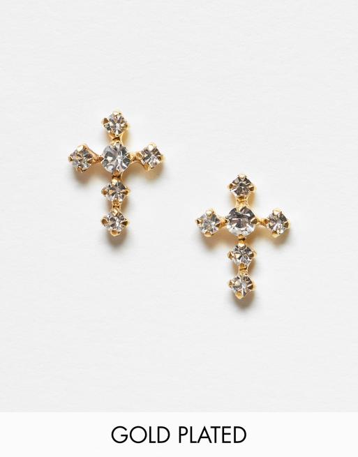 Pendientes de botón con diseño de cruz y pedrería chapados en oro de Kingsley Ryan