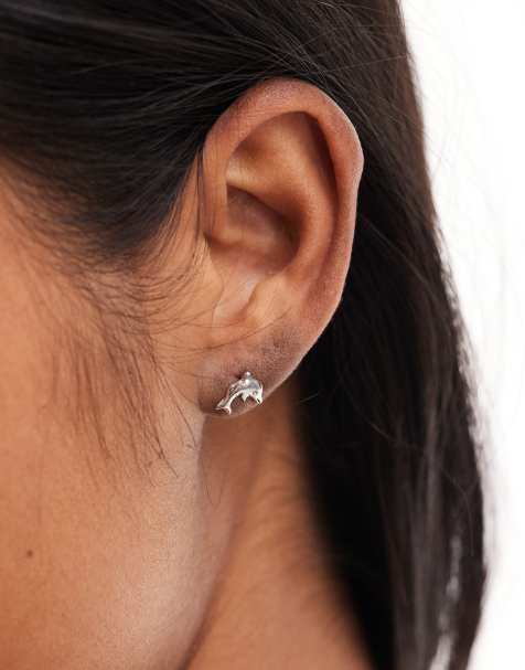 Pendientes de botón con diseño de delfín de plata de ley de Kingsley Ryan - view 1