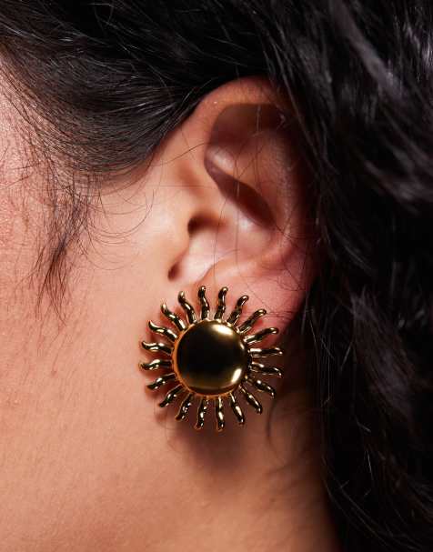 Pendientes de botón con diseño de sol chapados en oro de Neck On The Line - view 1