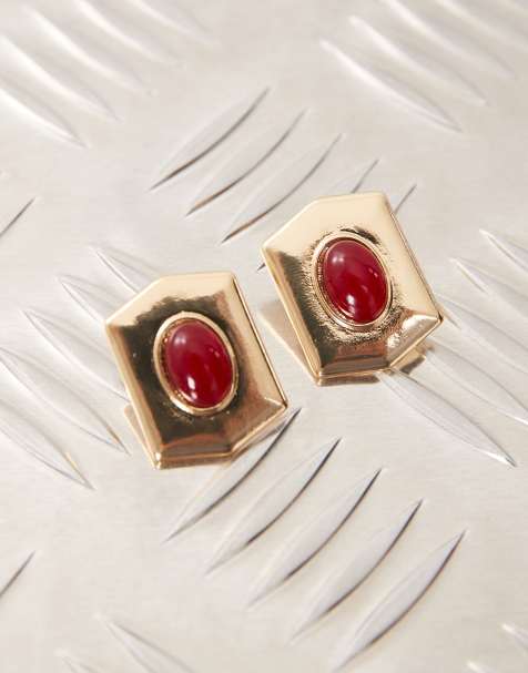 Pendientes de botón dorados con diseño hexagonal y piedra sintética roja de Reclaimed Vintage - view 1