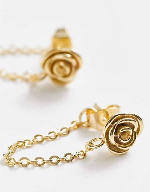 Pendientes de botón dorados con rosa y cadena de Petit Moments 
