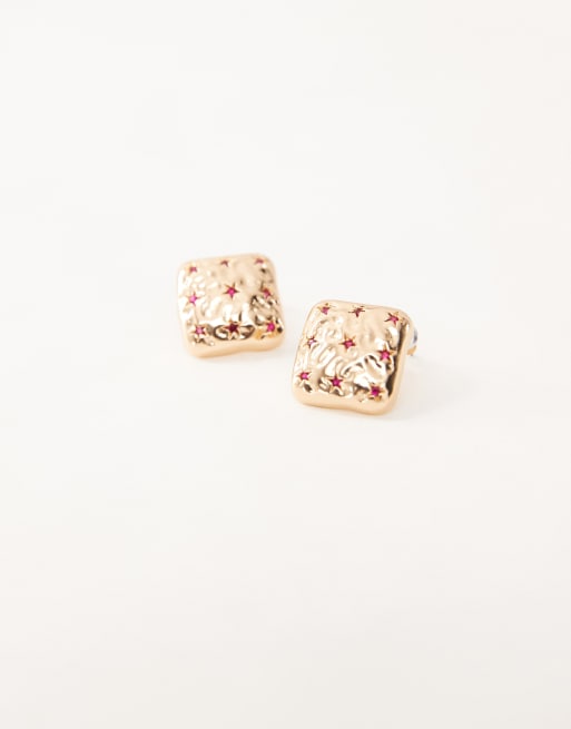Pendientes de botón dorados cuadrados con estrellas rojas de Reclaimed Vintage