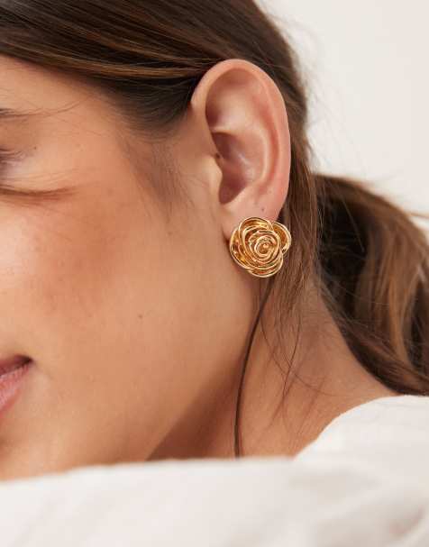 Pendientes de botón dorados en forma de rosa de DesignB London - view 1