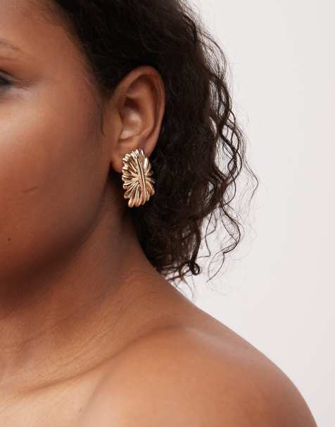 Pendientes de botón grandes dorados estriados Carro de Petit Moments - view 1