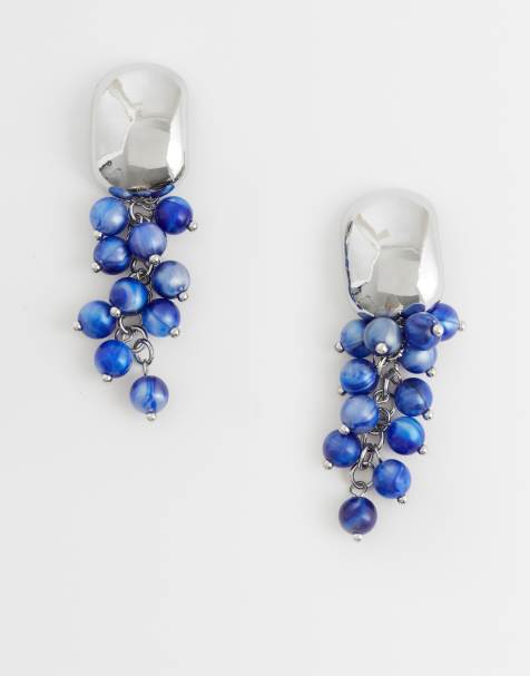 Pendientes de botón plateados con cuentas azules de ASOS DESIGN - view 1