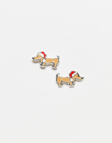 Pendientes de botón plateados con diseño de perro salchicha para Navidad de Kingsley Ryan - view 1