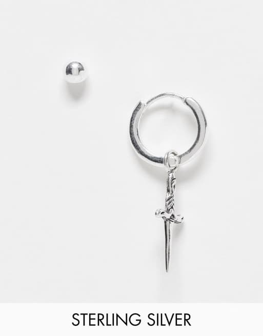 Pendientes de botón y de aro plateados con colgante de daga de plata de ley de ASOS DESIGN