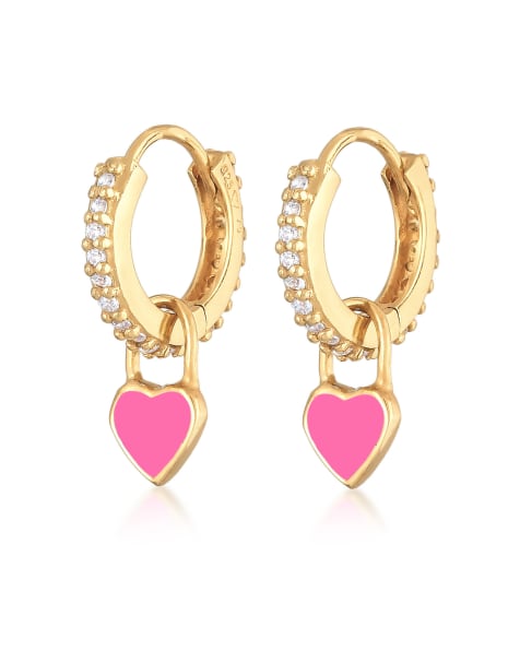 Pendientes de estilo criollo de plata de ley 925 con charms de corazón chapados en oro con esmalte rosa y circonitas para mujer de Elli - view 1