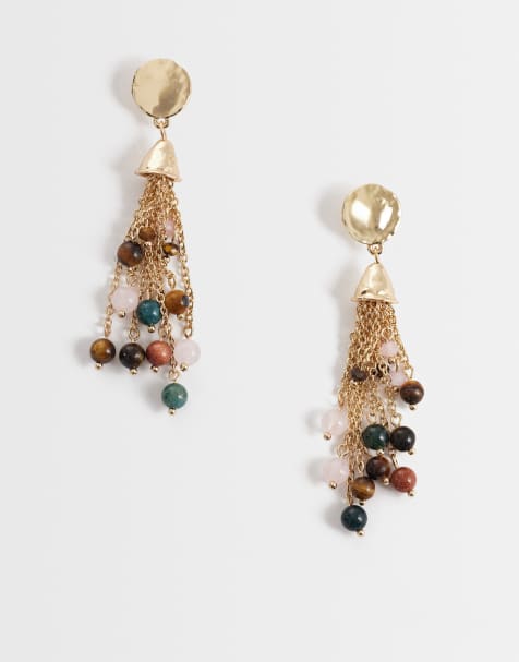 Pendientes dorados con borlas y cuentas de piedras semipreciosas de Reclaimed Vintage - view 1