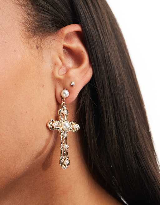 Pendientes dorados con diseño colgante de cruz con perlas de imitación de ASOS DESIGN