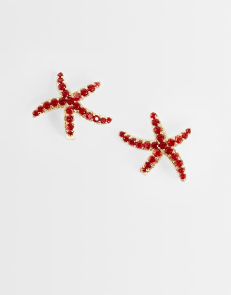 Pendientes dorados con diseño de estrella de mar roja de Pieces - view 1