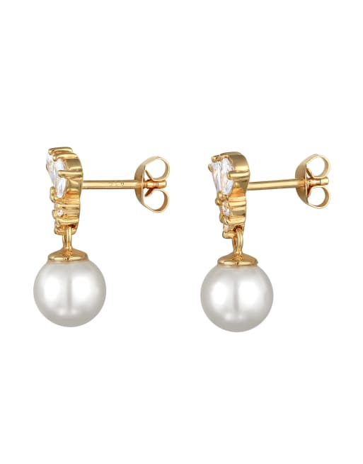 Pendientes dorados elegantes de plata de ley 925 chapados en oro con circonitas y perlas sintéticas de Elli, 2 de 3