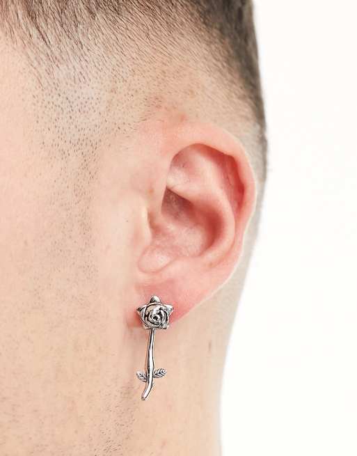Pendientes ear jacket plateado pulido con diseño de rosa de acero inoxidable de ASOS DESIGN, 2 de 4