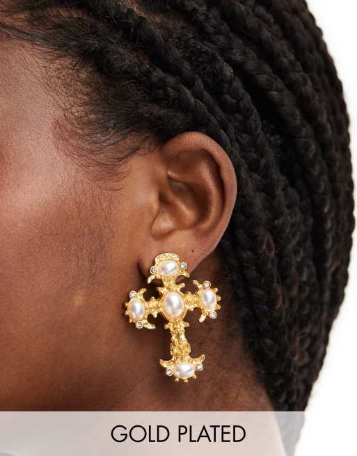 Pendientes grandes con diseño de cruz chapados en oro de 18 quilates de 8 Other Reasons 