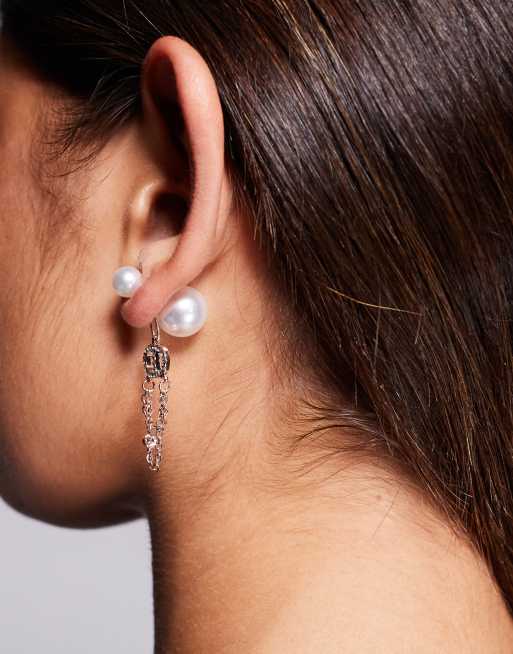 Pendientes largos dorado rosa con diseño colgante de cadena con cristales y perlas de ALDO, 3 de 3