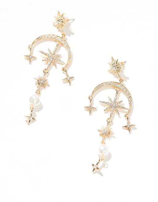 Pendientes largos dorados con diseño celestial de cristales y perlas sintéticas de ASOS DESIGN, 2 de 4