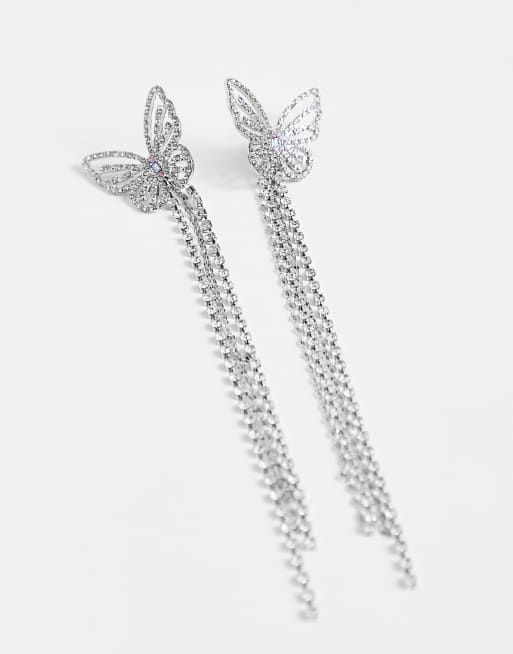 Pendientes largos plateados con diseño de mariposa de cristal de River Island, 3 de 4