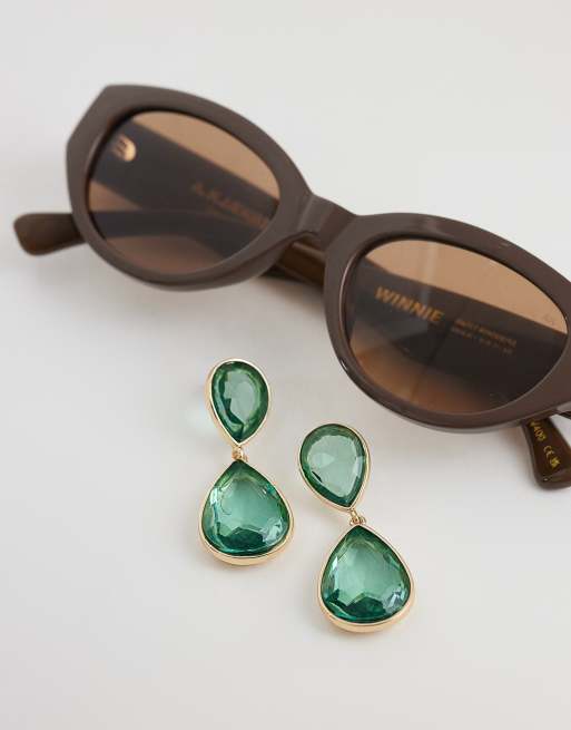 Pendientes largos verde oscuro con diseño colgante con dos gemas de Accessorize, 2 de 4