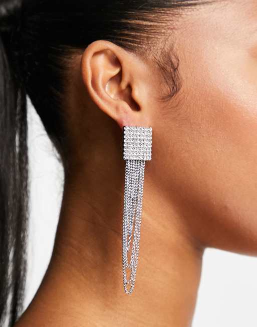 Pendientes plateados cuadrados con flecos de pedrería de True Decadence 