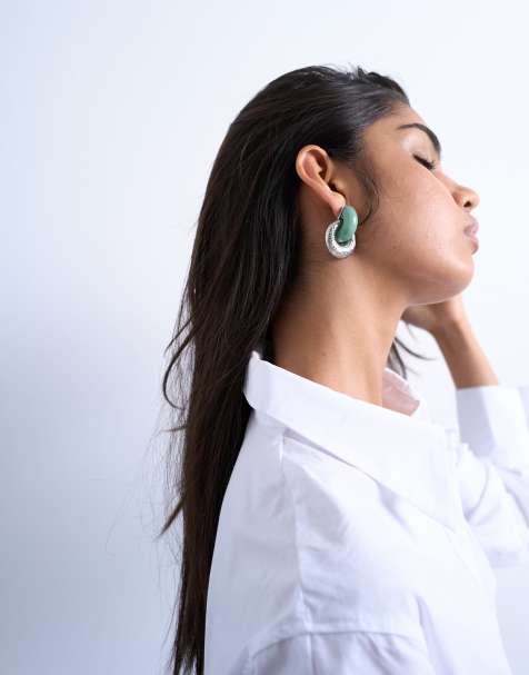 Pendientes plateados de estilo aldaba con piedra semipreciosa Poppi de Topshop - view 1