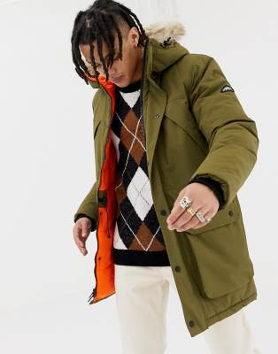 olive green parka with fur trim hood