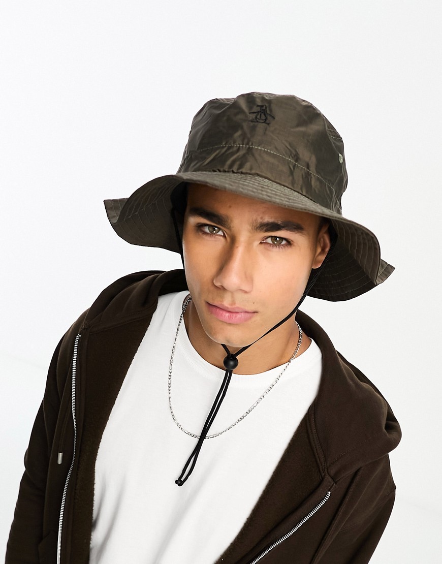 Penguin logo ripstop bucket hat with bungee cord detail in khaki-Green