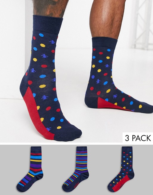 Penguin mens 3 pack socks in cube box in broad red and blue stripes