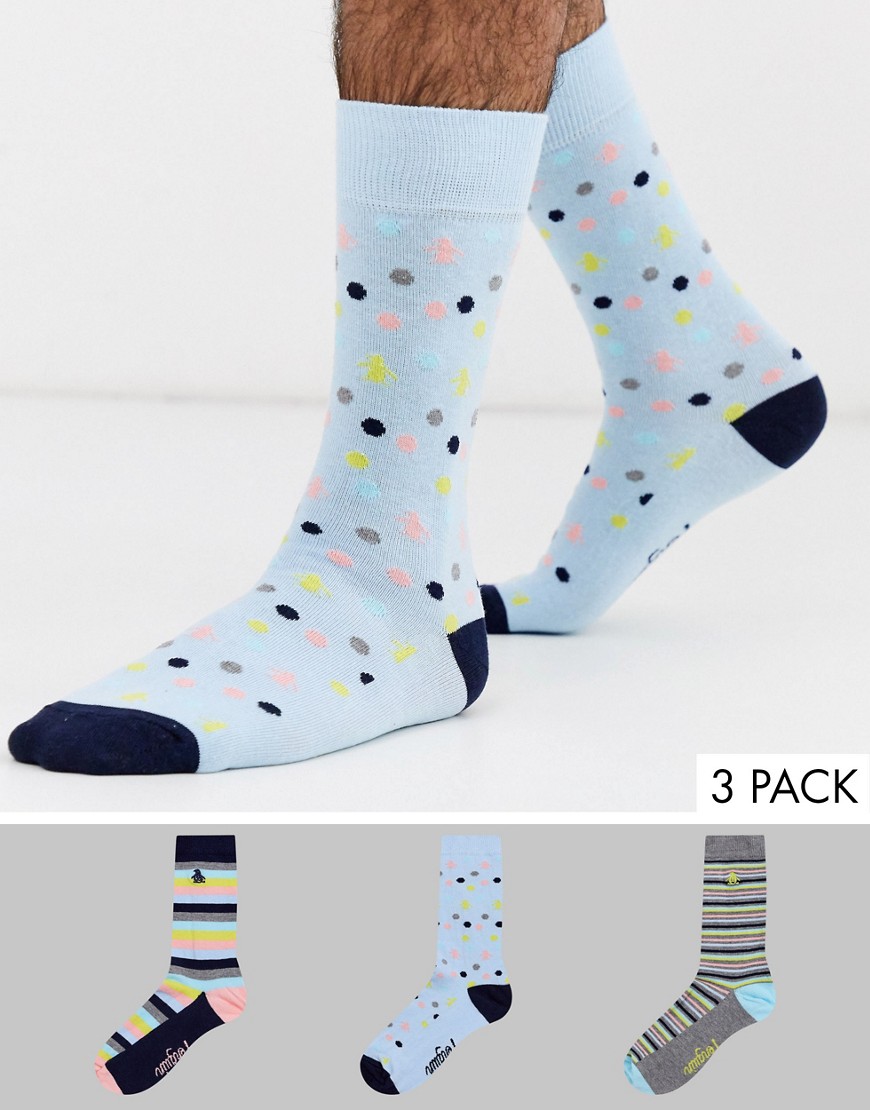 Penguin Mens - Confezione da 3 paia di calzini a righe e a pois pastello-Multicolore