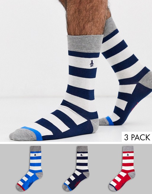 Penguin mens rugy striped 3 pack socks in grey blue and red