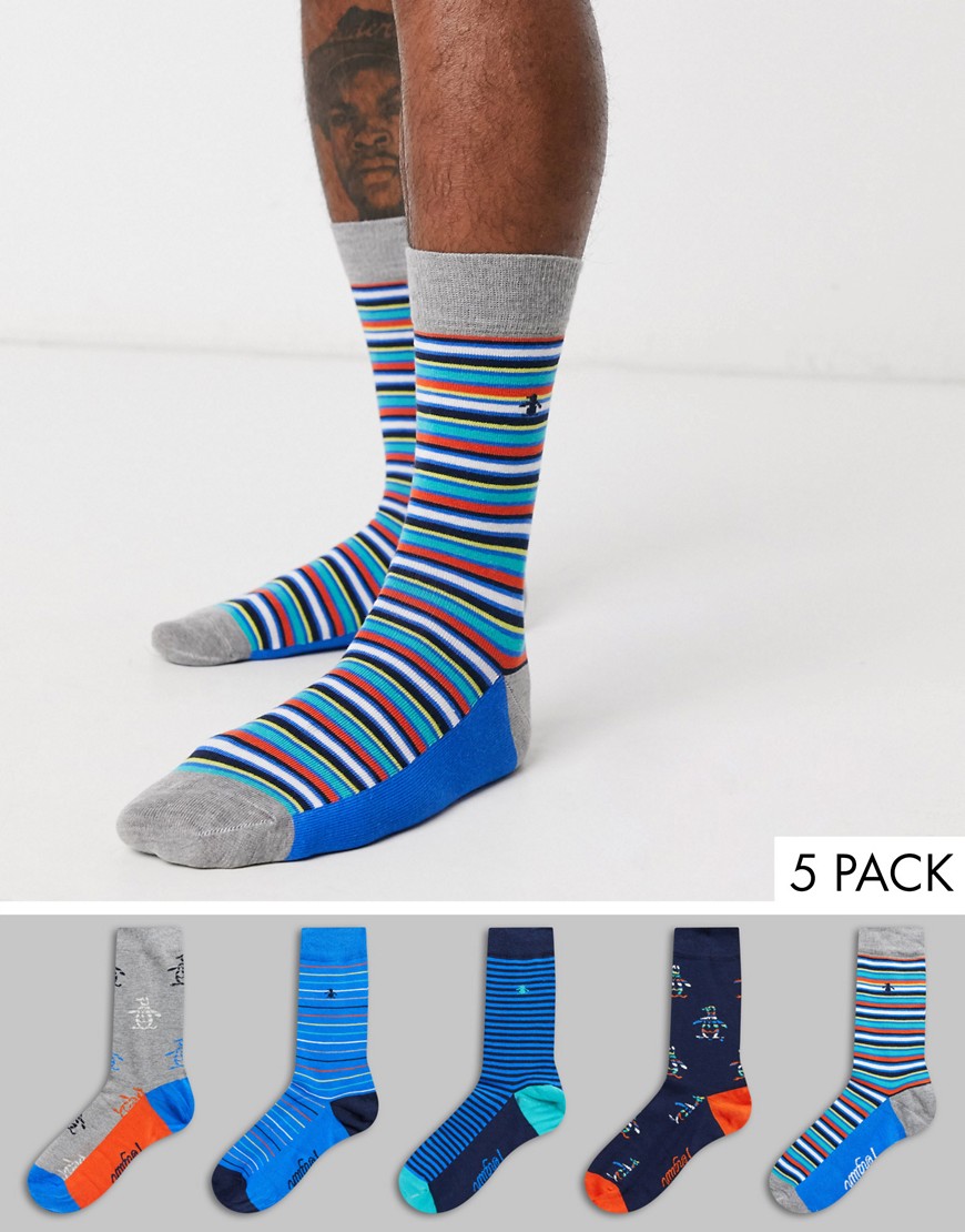 Penguin mens - Set van 5 paar gestreepte sokken in een rechhoekige cadeauset-Multi