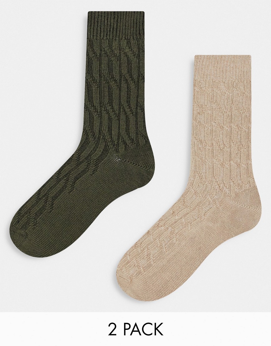 People Tree 2-pack cotton cable knit socks in cream and green-Multi