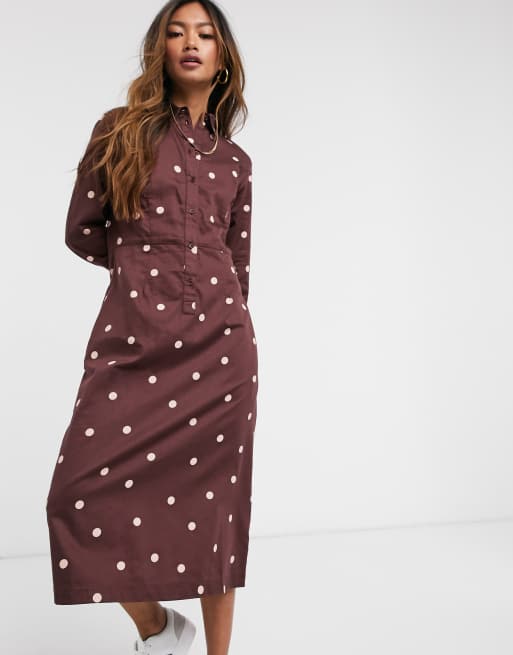People Tree cotton maxi shirt dress in spot print BROWN
