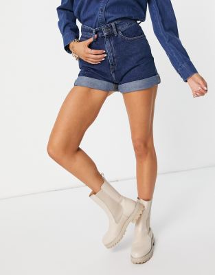 People Tree longline mom shorts in mid wash cotton denim
