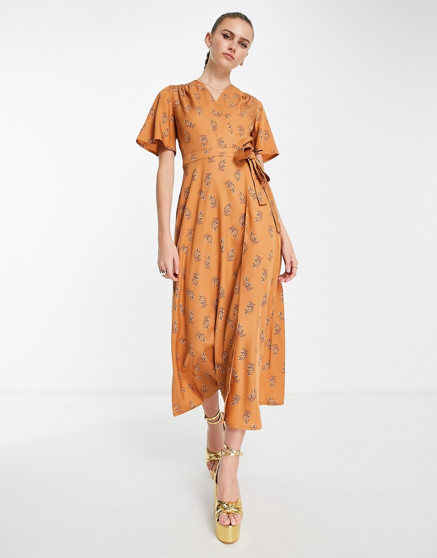People Tree midi wrap dress in delicate floral print-Orange