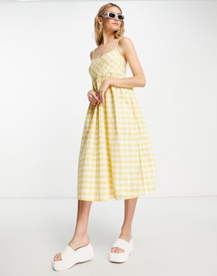 People Tree cotton handwoven midi picnic dress in yellow check