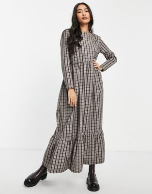 People Tree cotton maxi smock dress in brown check