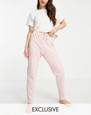 People Tree cotton pyjama bottoms with drawstring waist in pink star co-ord