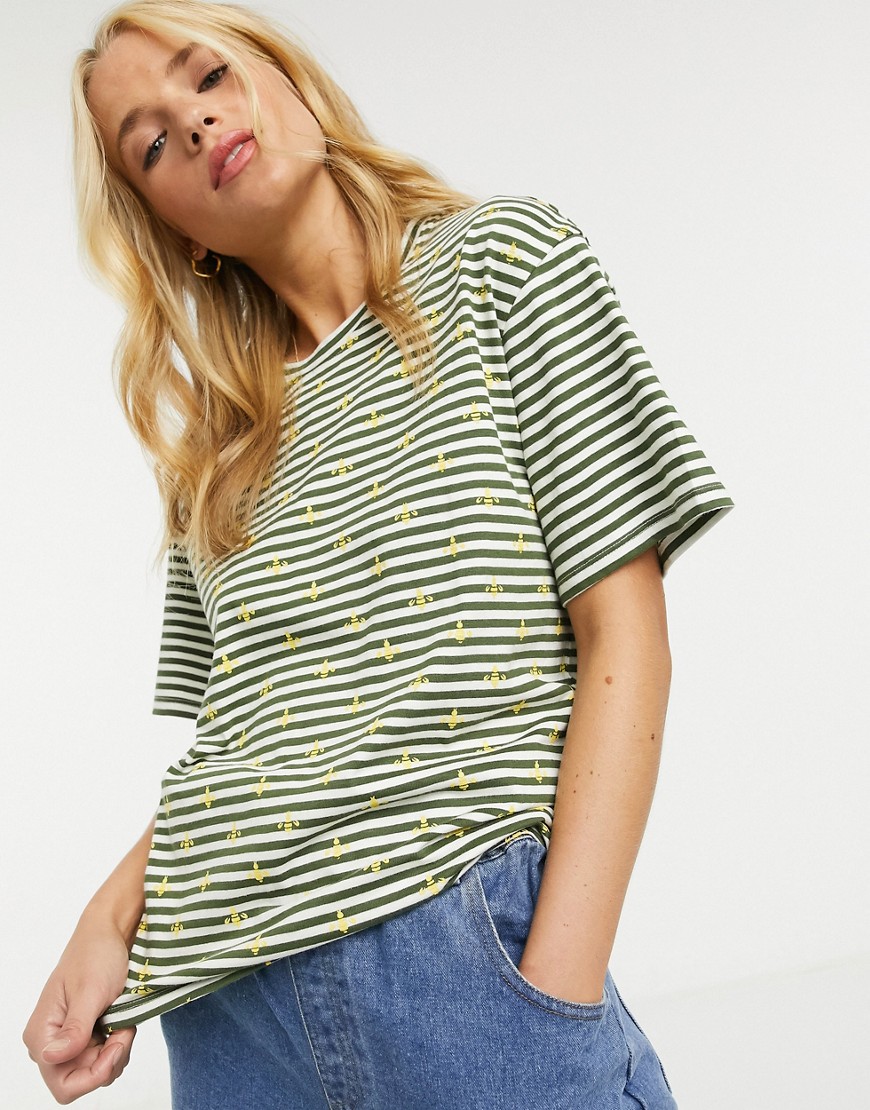 People Tree organic cotton sailor-stripe t-shirt with bee print-White